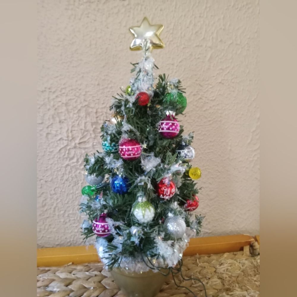 14" Predecorated Prelit Christmas Tree. One-of-a-kind colorful xmas Art